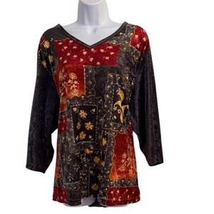 Bentley Plus Womens Patchwork Velvet V Neck 3X Long Sleeve Top Red Black Gold